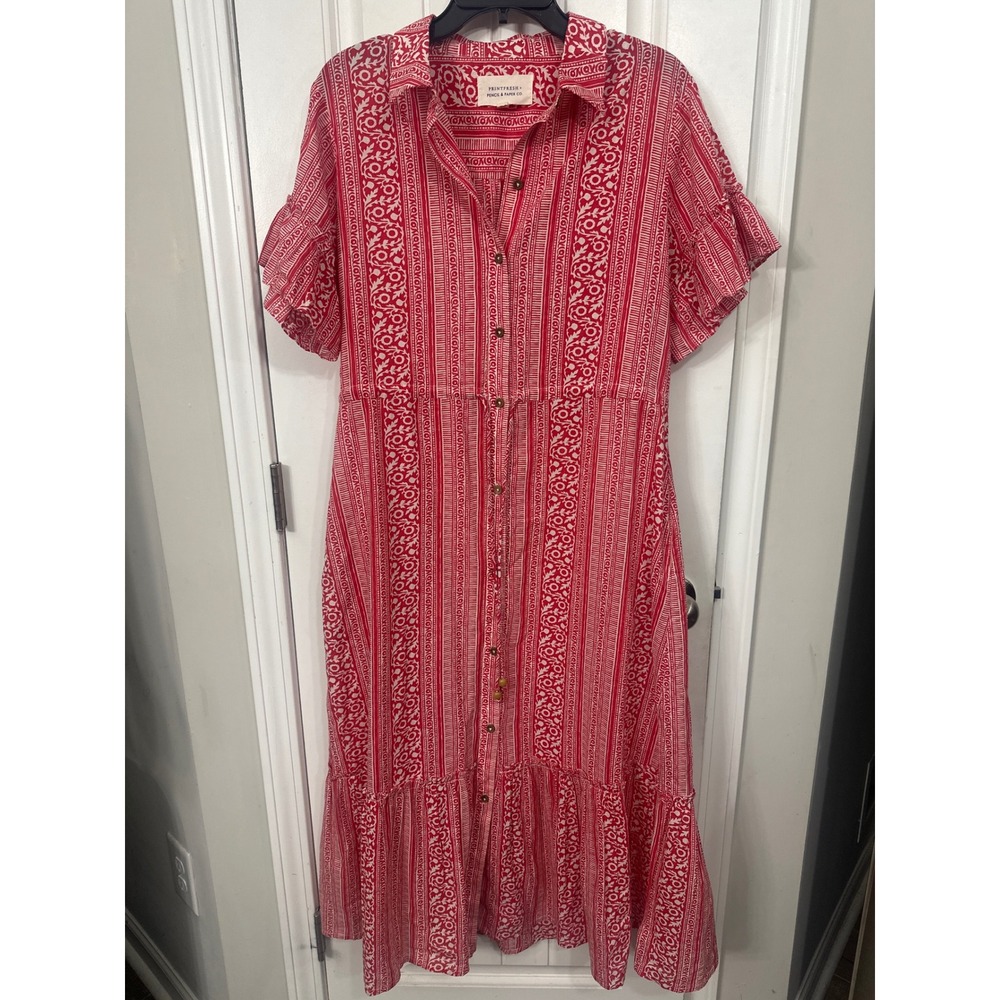 Printfresh x Pencil & Paper Co Red White Block Print Organic Cotton Midi Dress M - Picture 2 of 12